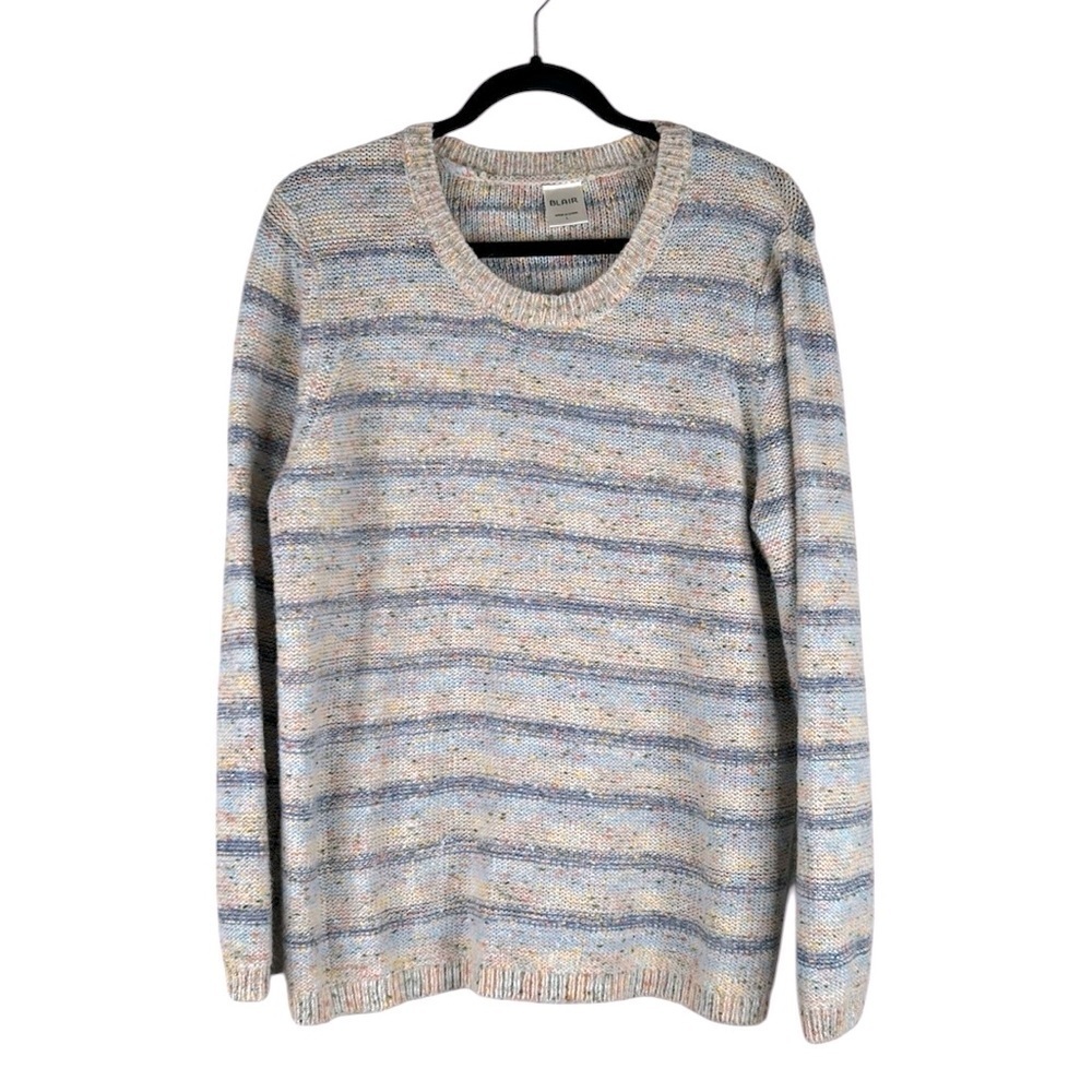 Blair Blue & Cream Multi-Colored Speckled Striped Long Sleeve Sweater Size Large
